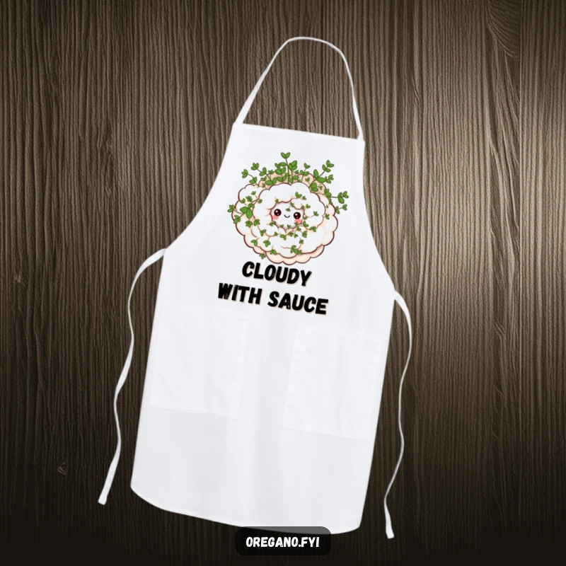 Funny apron with a swirling oregano cloud and happy eyes, bringing aromatic joy to the kitchen. Cooking essential.