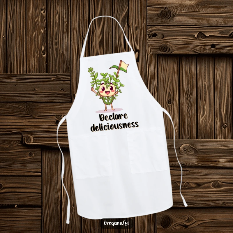 Funny apron with a tiny oregano sprig character enthusiastically waving a miniature flag, perfect for spirited kitchen fun.