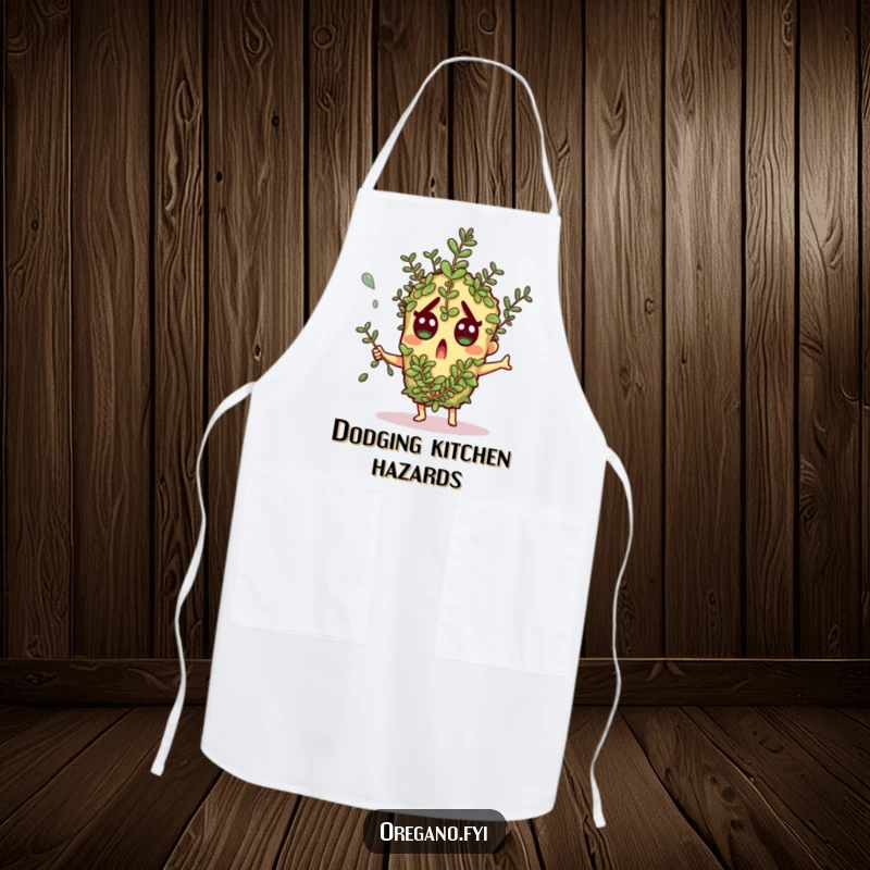 Funny apron: An oregano character looks surprised while dodging a falling herb sprig, perfect for a humorous cooking experience.