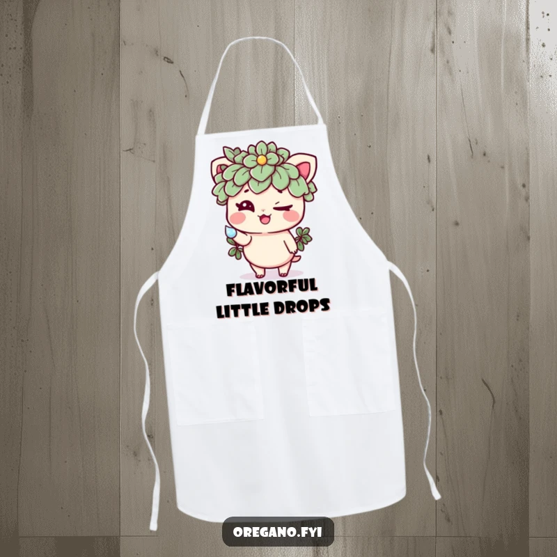 Funny apron with a mischievous oregano character winking and offering a sparkling dewdrop, ideal for a humorous and practical kitchen accessory.