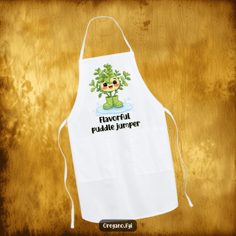 Funny Oregano Rain Boots Apron: A happy oregano sprig in tiny rain boots, ready for kitchen adventures.