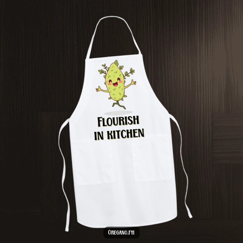 Funny apron with an oregano leaf character doing a happy pirouette with a flourish.
