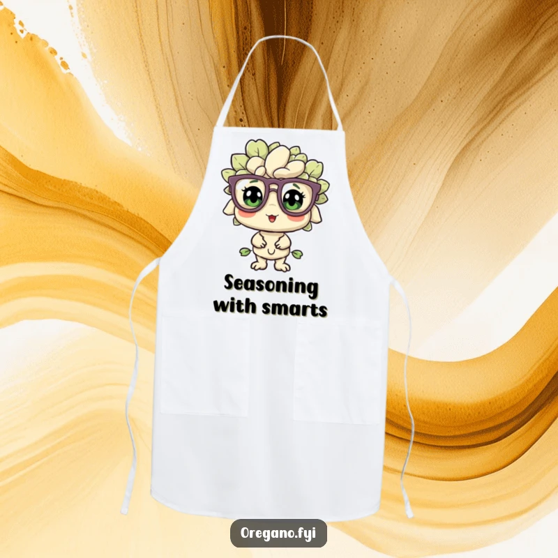 Funny oregano sprig wearing oversized glasses on a kitchen apron, looking bewildered but pleased, ideal for cooking and baking.