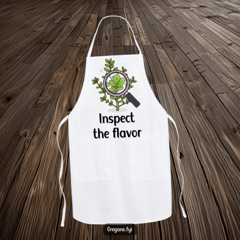 Funny apron showing an oregano sprig with a magnifying glass, meticulously inspecting a leaf during culinary creation.