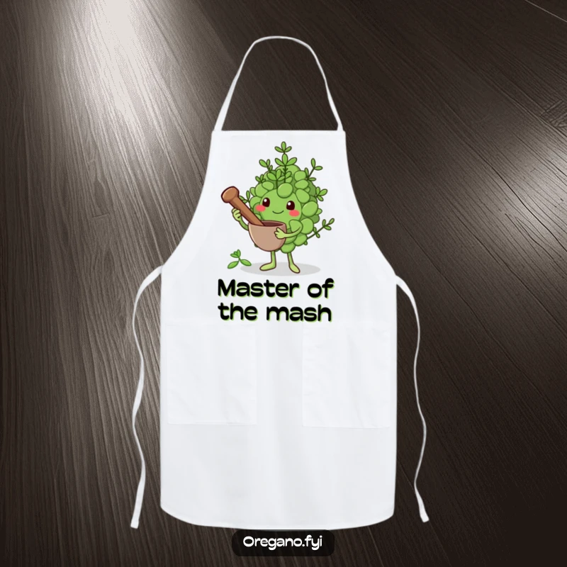 Funny apron for cooking: An oregano leaf character wields a small mortar and pestle, prepared to grind herbs with a humorous, skilled stance.