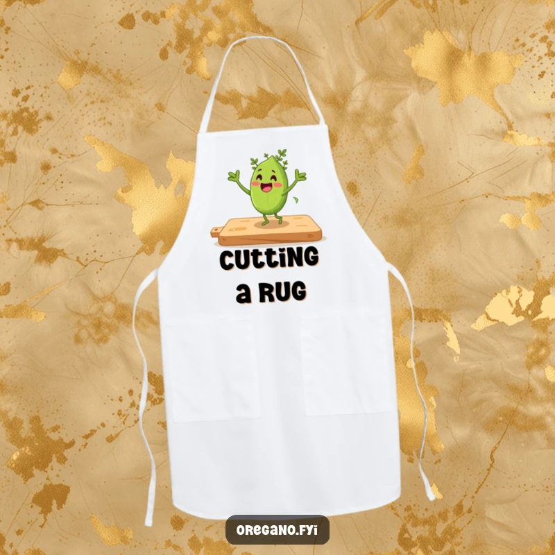 Funny apron with an oregano leaf character doing an excited jig dance on a kitchen cutting board.