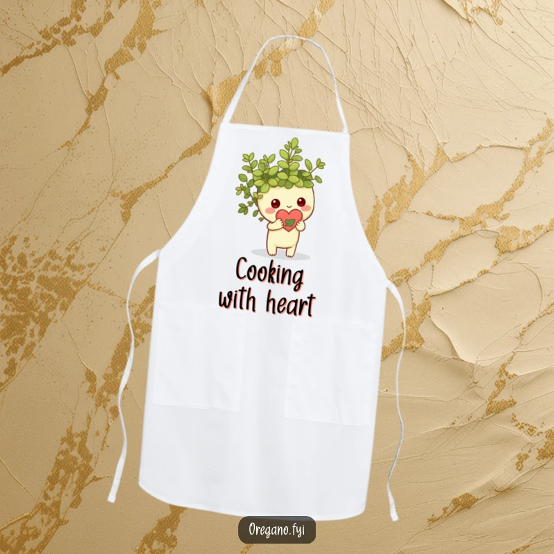 Funny Kawaii oregano sprig character holding a tiny heart made of leaves, durable apron with natural and loving theme, culinary fun accessory.