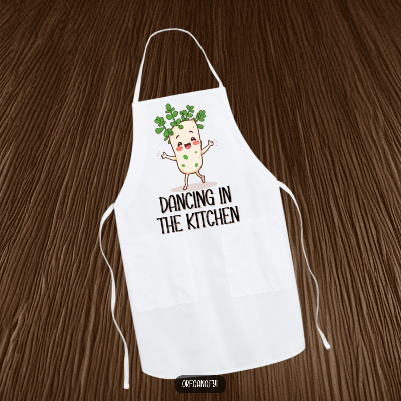 Funny Kawaii oregano sprig character doing a goofy dance with leaves, durable apron with lively and humorous kitchen theme, culinary fun accessory.