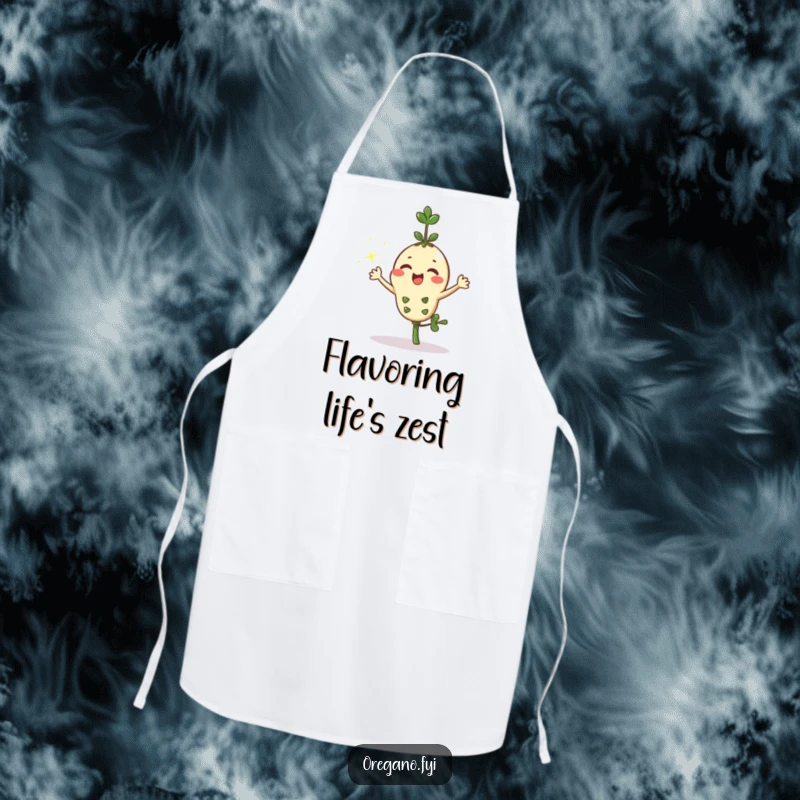 Funny kawaii oregano sprig character excitedly sprinkling magical sparkles from its leaves on a durable kitchen apron, making cooking fun.