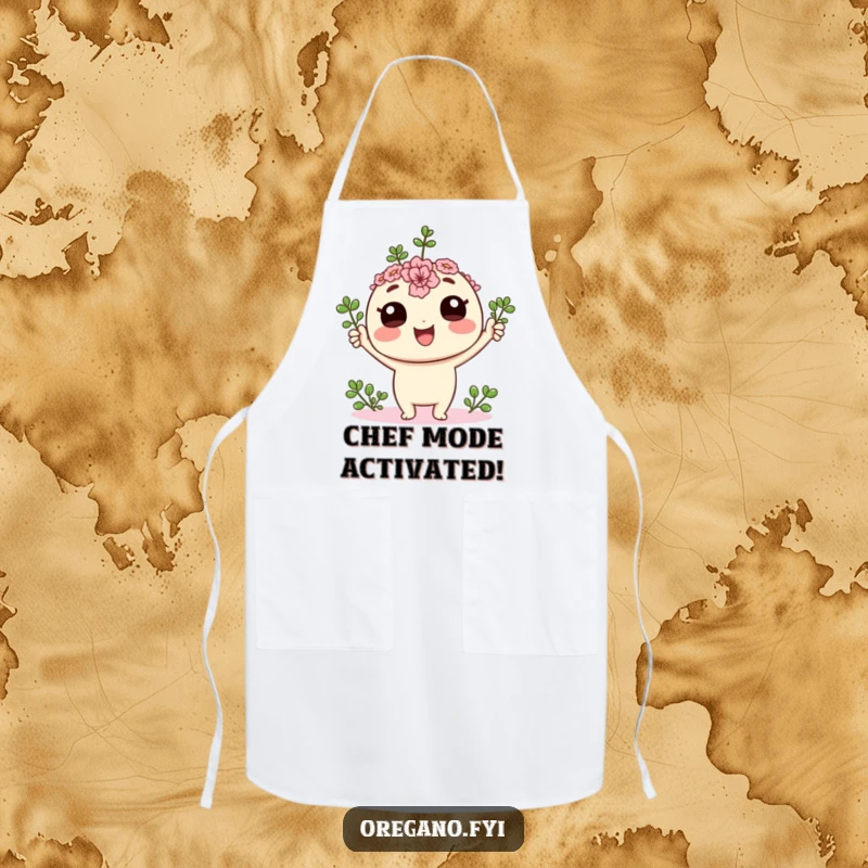 Funny kawaii oregano sprig character cheering with its tiny leaves held high on a durable kitchen apron, celebrating cooking success.