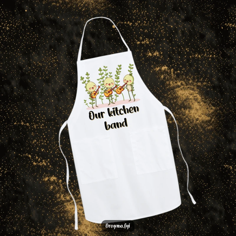 Funny apron featuring oregano sprigs happily harmonizing with leaf-shaped instruments, a humorous and fun cooking essential for music lovers.