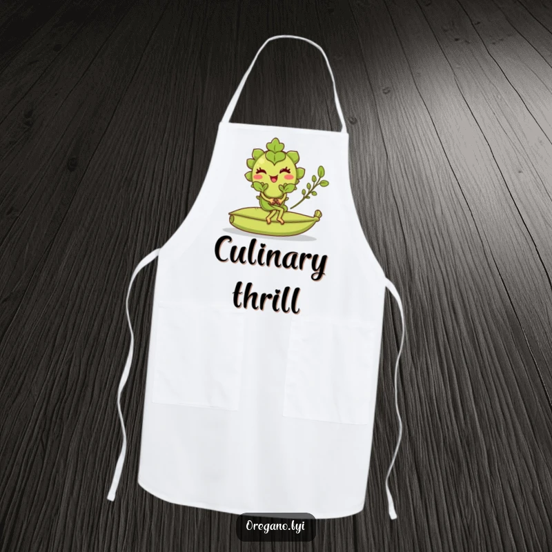 Funny apron with a winking oregano leaf character riding a rolling bay leaf, a humorous and practical kitchen accessory.