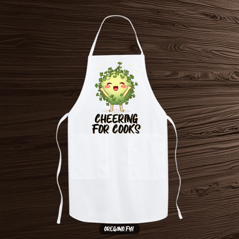 Funny round oregano character apron cheering loudly with tiny leaf-like pom-poms, humorous kitchen apparel for spirited culinary enthusiasts.