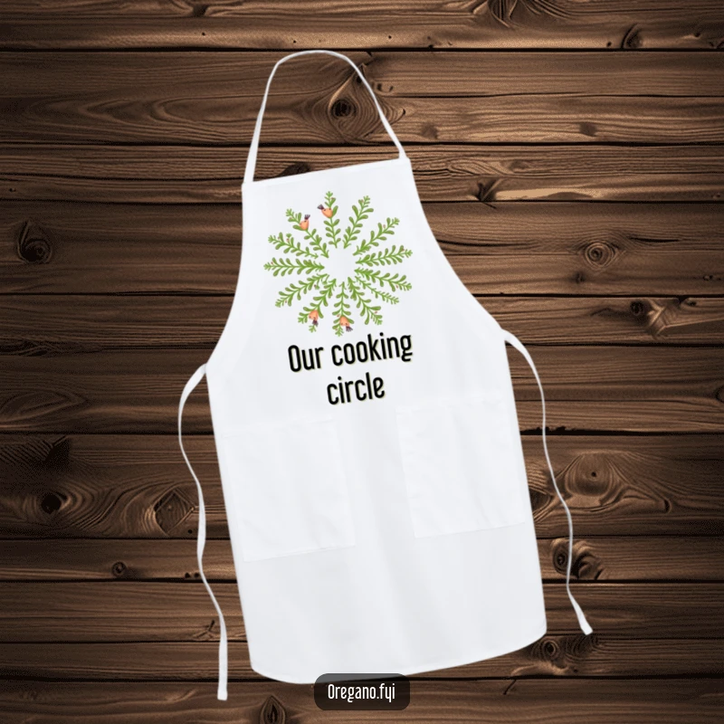 Funny apron: Happy oregano sprigs dance in a fragrant circle, ideal for a joyful cooking experience.