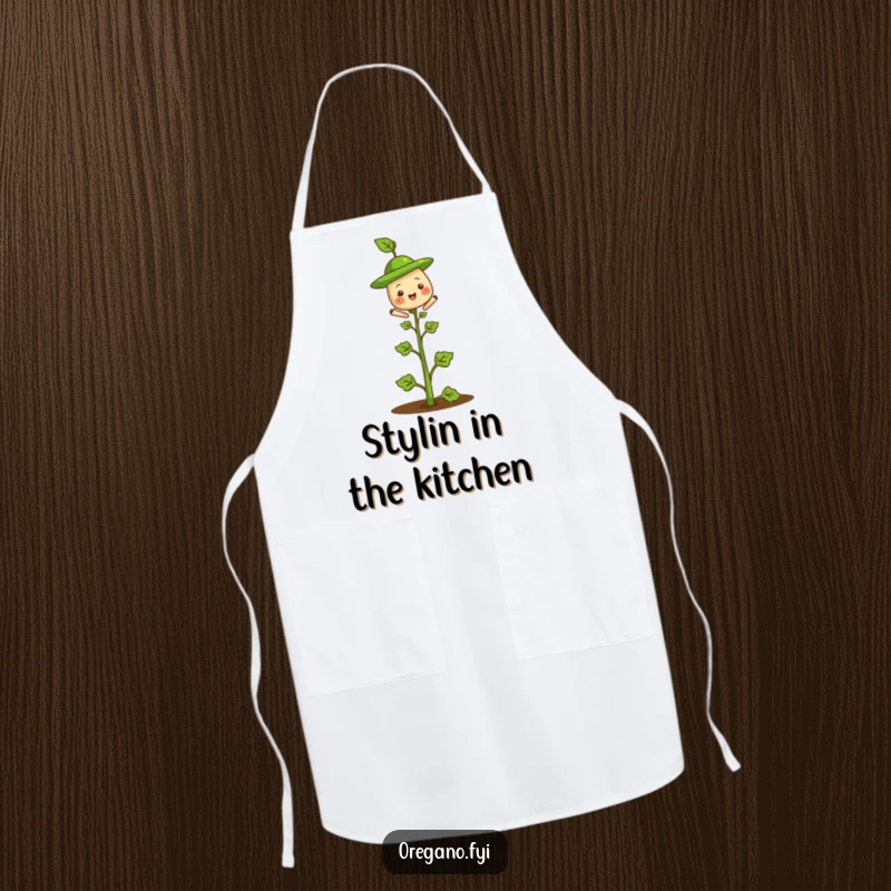 Funny apron showing a smiling oregano herb with a small leaf hat on its stem, ready for culinary fun.