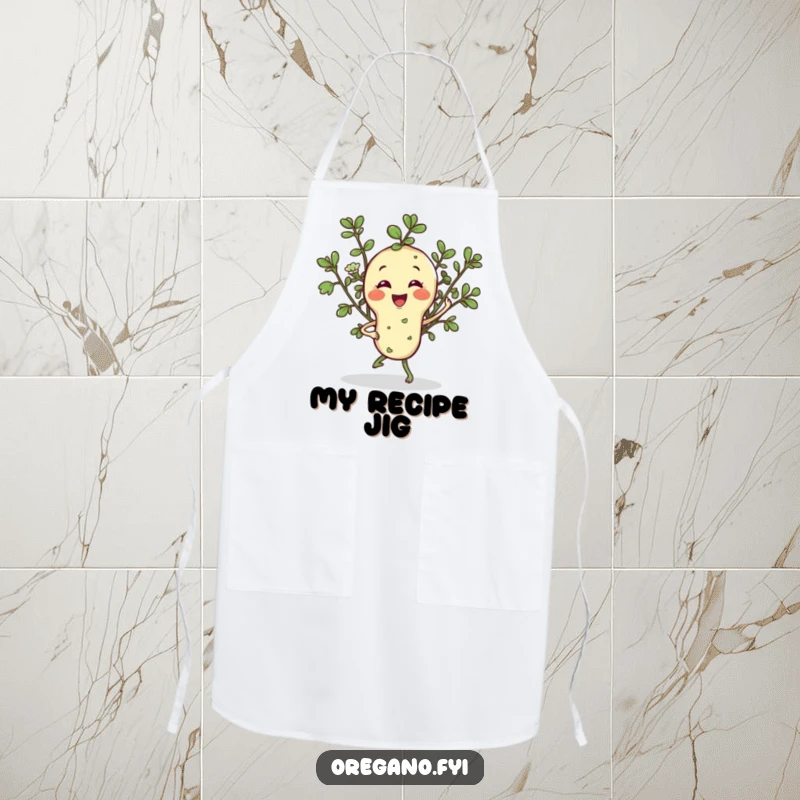 Funny apron with a smiling oregano sprig character performing a jaunty jig, making it a humorous and practical kitchen accessory.