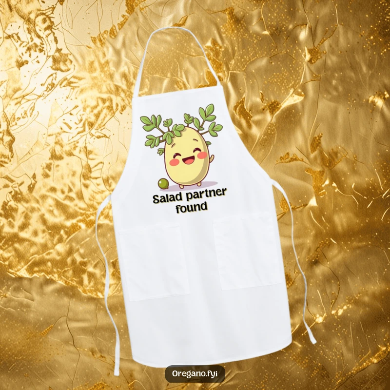 Funny oregano sprig character smiling broadly as a tiny olive rolls past, a humorous kitchen apron.