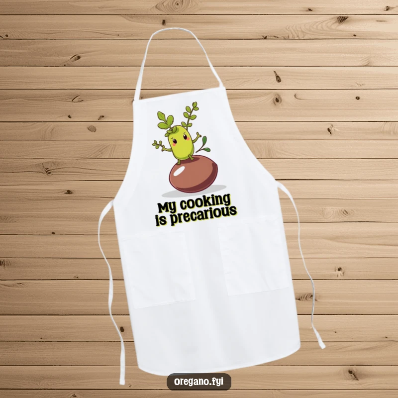 Funny apron showing an oregano leaf character attempting to balance on a wobbly olive pit, ideal for culinary humor.