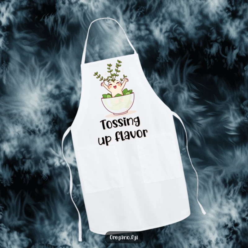 Funny Kawaii oregano sprig character joyfully leaping into a tiny salad bowl, a humorous and practical kitchen apron.
