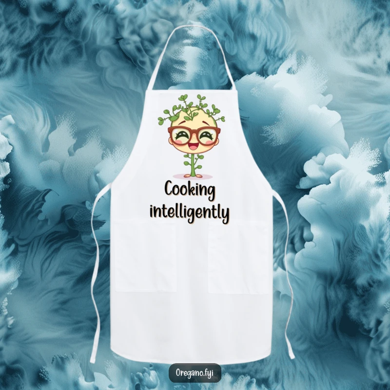 Funny apron with a giggling oregano sprig wearing comical oversized spectacles, ideal for a humorous and practical kitchen accessory.