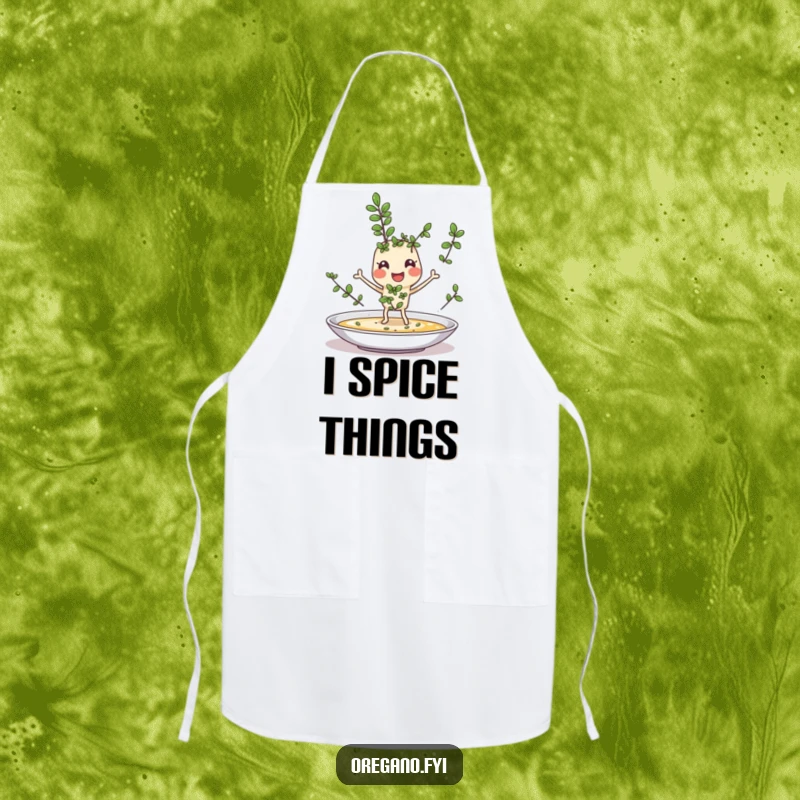 Funny apron featuring a cheerful oregano sprig character with tiny legs joyfully sprinkling itself onto a dish, a humorous cooking essential.