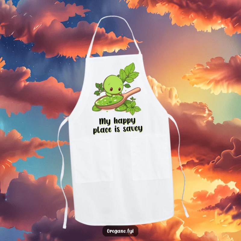 Funny apron for cooking: An oregano leaf character curiously explores a huge spoonful of pesto, making meal prep a humorous adventure.