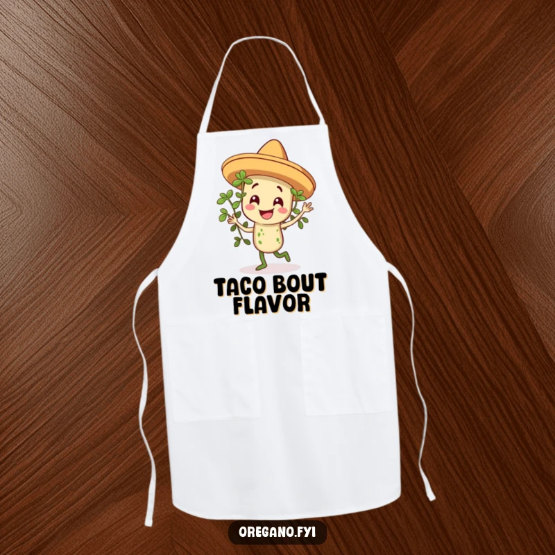 Funny apron with a smiling oregano sprig in a tiny sombrero, dancing with culinary flair and kitchen cheer.