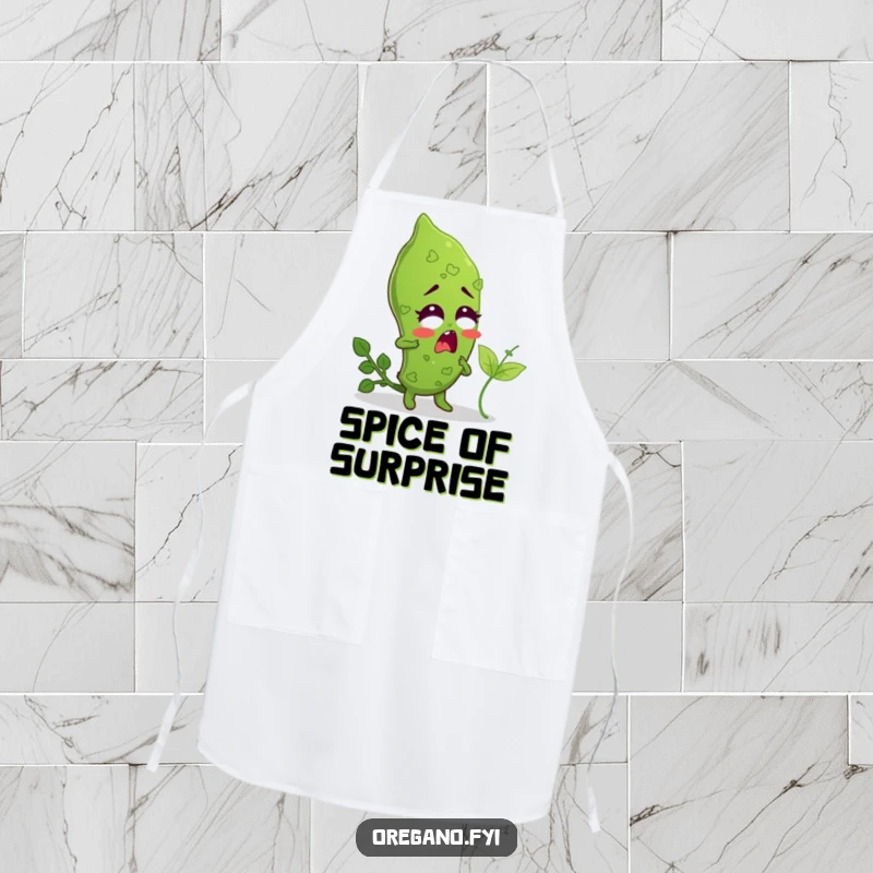 Funny apron featuring an oregano leaf character surprised by a tiny basil leaf tickling it, for kitchen fun.