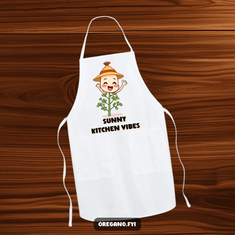 Cheerful oregano sprig character in a straw hat waves hello while wearing an apron, ready for kitchen fun.