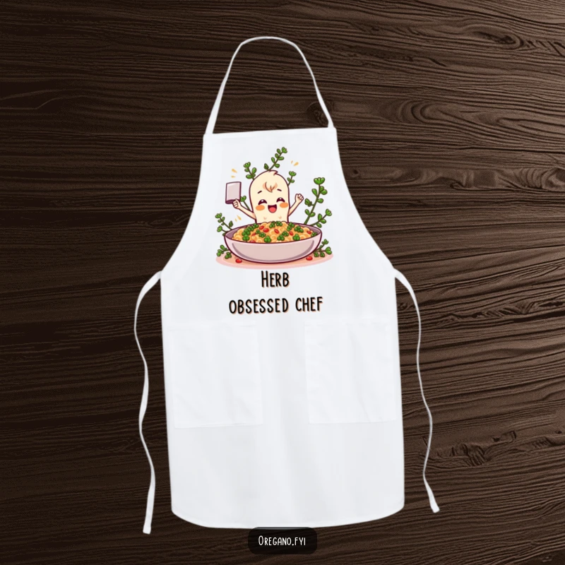 Funny Oregano apron, a cheerful herb character enthusiastically seasoning food, designed for protection and humor in the kitchen. A practical chef gift.