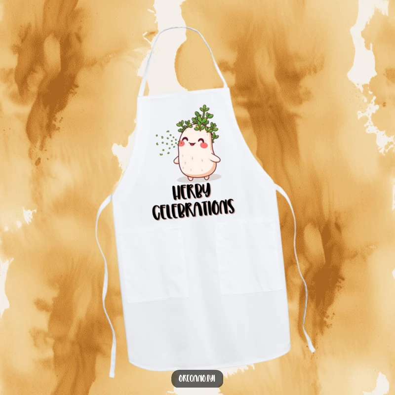 Funny apron featuring a happy oregano herb blowing a whimsical stream of tiny green confetti, ideal for a joyful cook.
