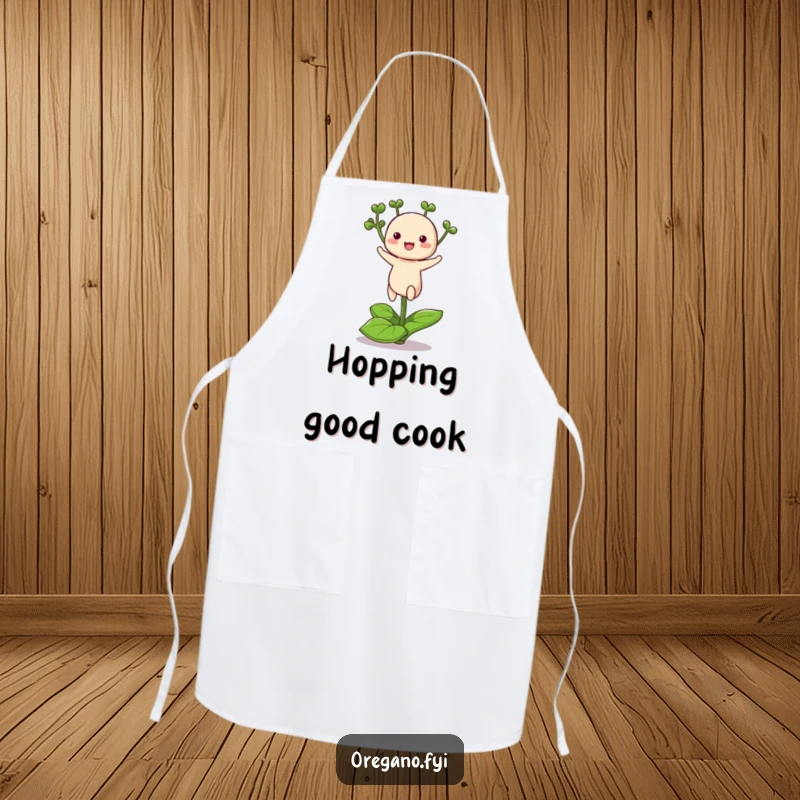Funny apron depicting a cute kawaii oregano character energetically hopping on a small leaf, ready for kitchen adventures.