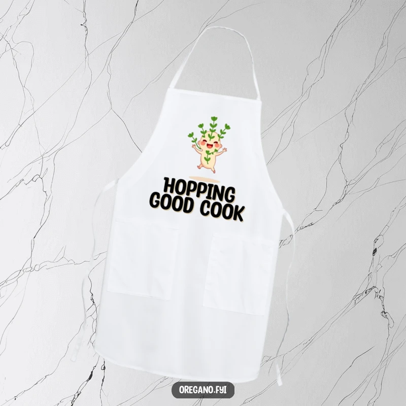 Funny apron with a joyful oregano sprig doing a happy hop, bringing fresh energy to the kitchen. Cooking essential.