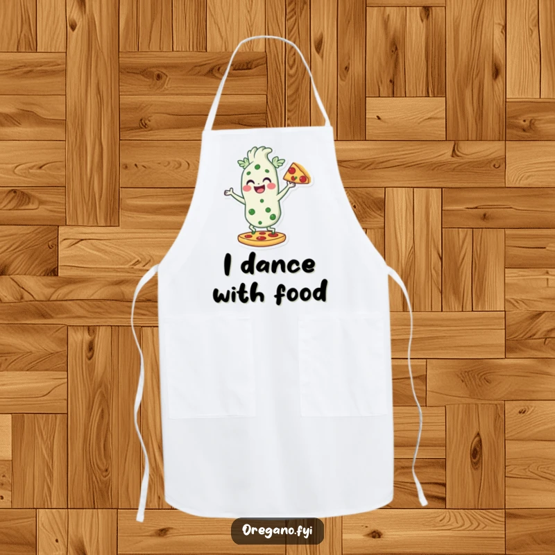 Funny apron featuring an oregano character dancing on a pizza slice, a humorous and fun cooking essential for pizza lovers.