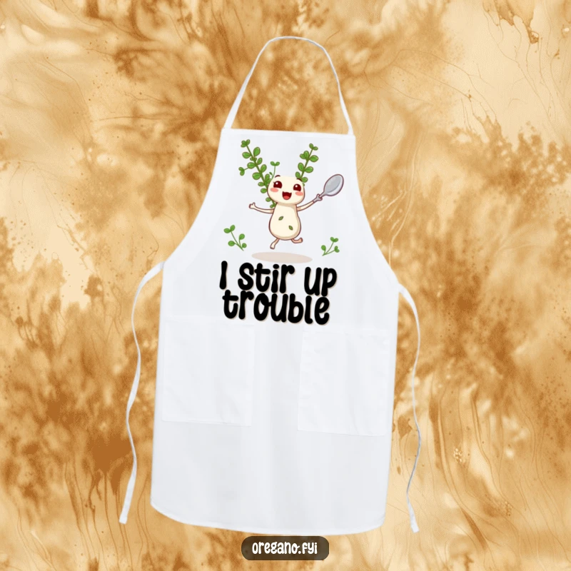 Funny Oregano Apron: A kawaii oregano sprig dances gleefully with a tiny spoon, ready for kitchen adventures.