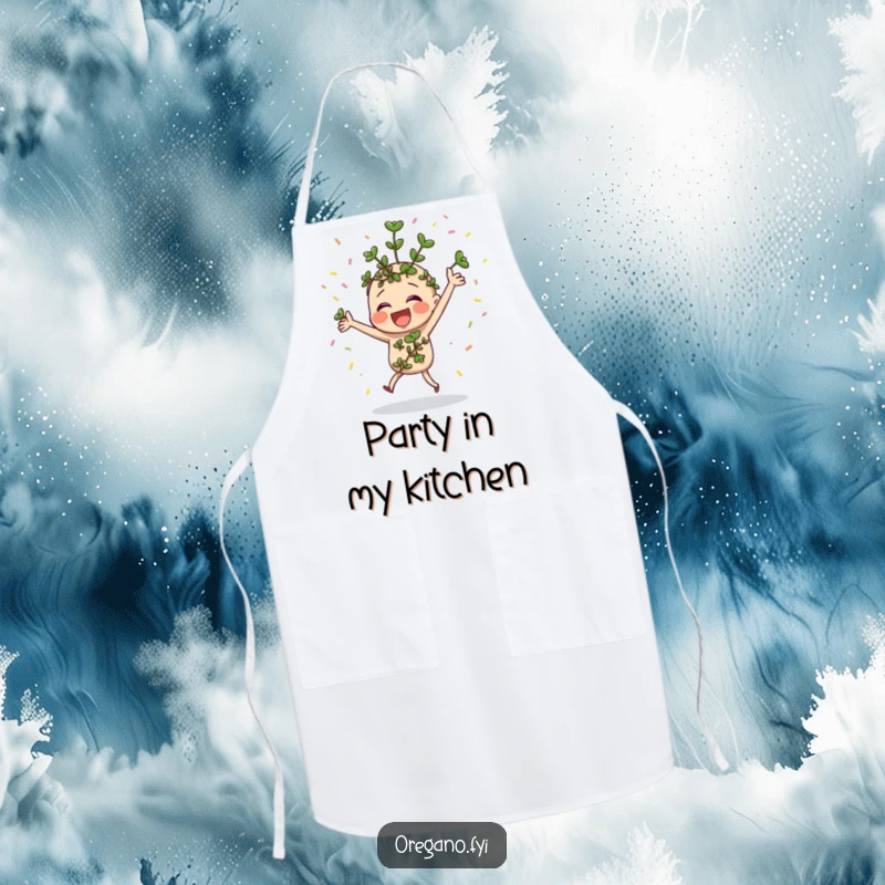 Funny oregano sprig character dancing with confetti on a festive and functional apron.