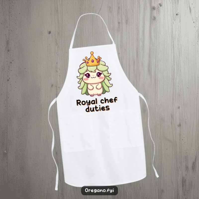 Funny apron showcasing a regal oregano character wearing a tiny crown, perfect for a dignified and amusing kitchen presence.