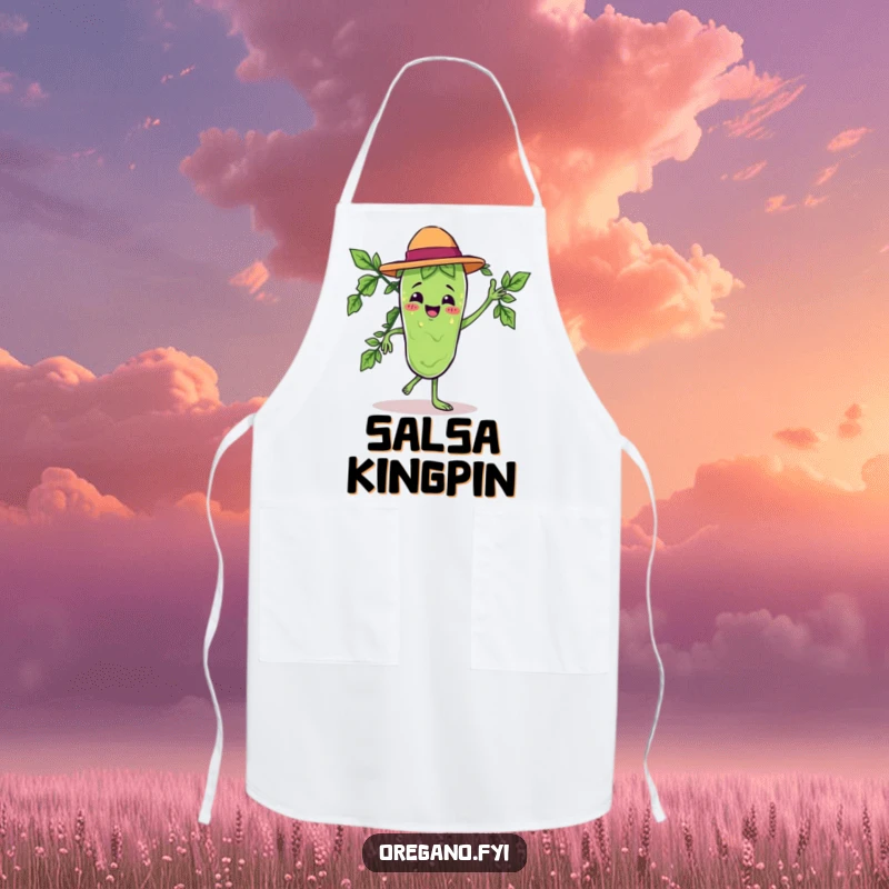 Funny apron featuring a Kawaii oregano leaf character in a dramatic salsa dance pose, for kitchen fun.