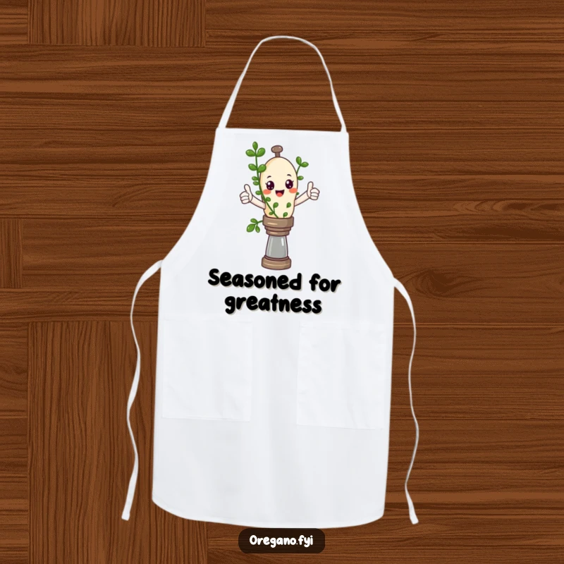 Funny Kawaii oregano sprig giving a thumbs up while balancing on a pepper mill, a humorous chef's apron.