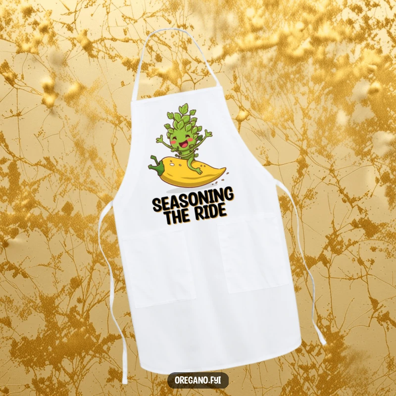 Funny apron showing an oregano leaf character joyfully riding a rolling pepper flake, perfect for kitchen protection.