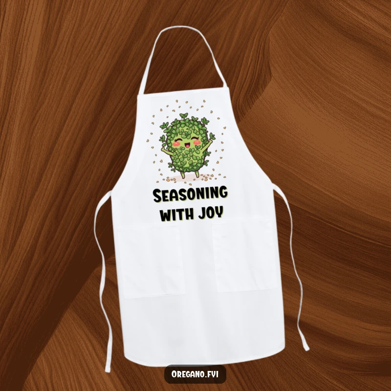 Funny oregano character joyfully scatters seeds like confetti while wearing an apron, ready for garden fun.