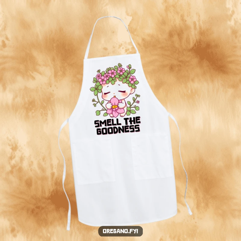 Funny oregano bloom apron featuring a relaxed herb character smelling a flower, perfect for peaceful cooking sessions. Functional and humorous kitchen wear.