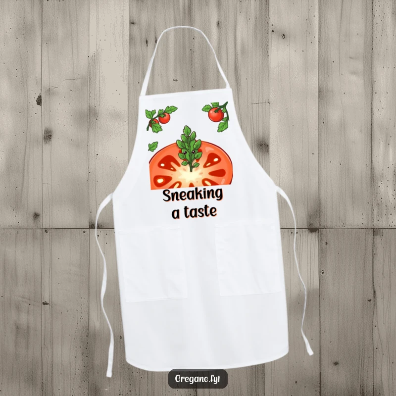 Funny apron showing a shy oregano leaf character peeking from behind a large tomato slice, perfect for kitchen protection.