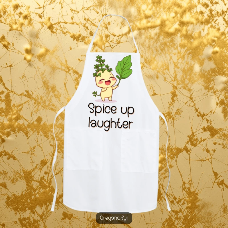 Funny apron with a giggling oregano sprig character being playfully tickled by a curry leaf, perfect for kitchen fun.