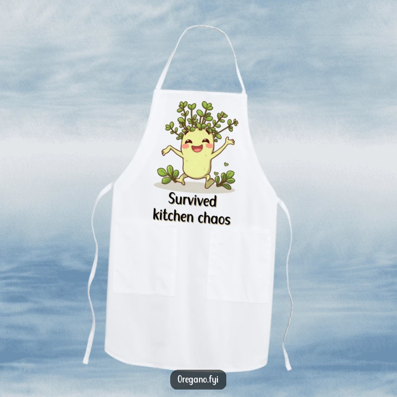 Funny apron with a cheerful oregano sprig character comically tripping and landing with a grin, perfect for humor in the kitchen.