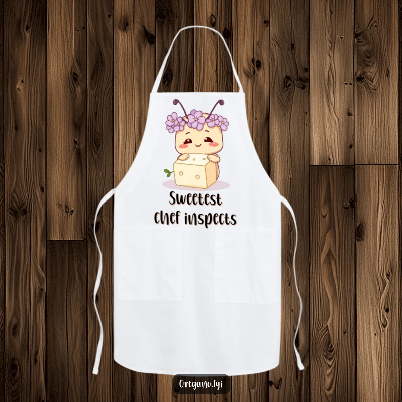 Funny apron showing a smiling oregano herb with two tiny antennae, curiously inspecting a sugar cube, ready for culinary exploration.