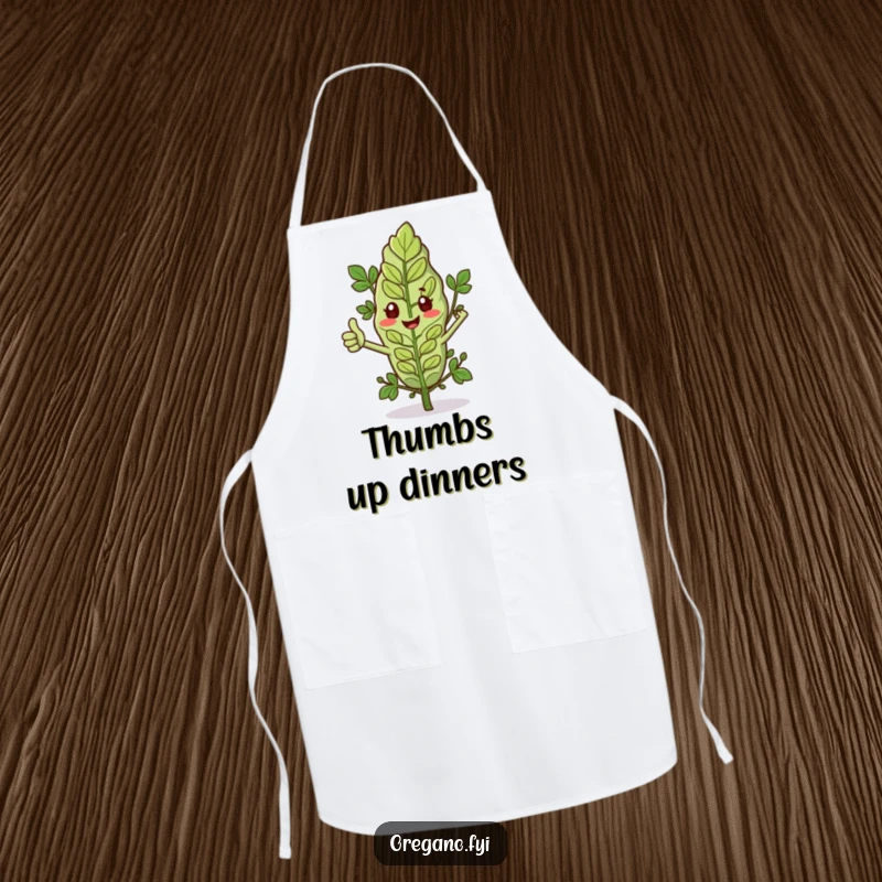 Funny apron with an oregano leaf and tiny arms giving a thumbs up, bringing positive vibes to the kitchen. Cooking essential.