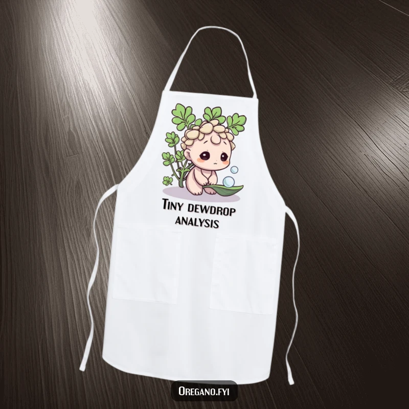 Funny Oregano apron, a curious herb character observing a dewdrop, designed for gentle kitchen tasks and adding humor. A unique cooking gift.