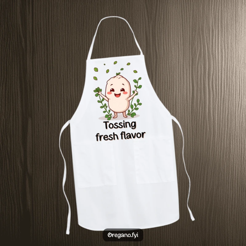Funny oregano character smiling and tossing herb leaves on a cheerful and functional apron.
