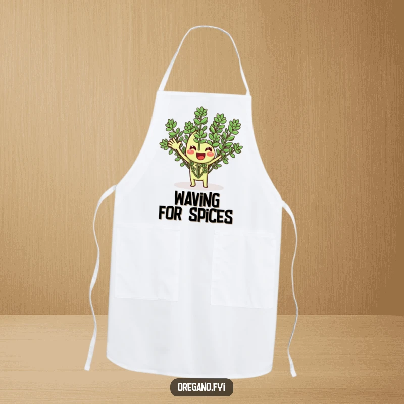 Funny apron showing a smiling oregano herb enthusiastically waving its fronds, ready for culinary fun and friendly greetings.